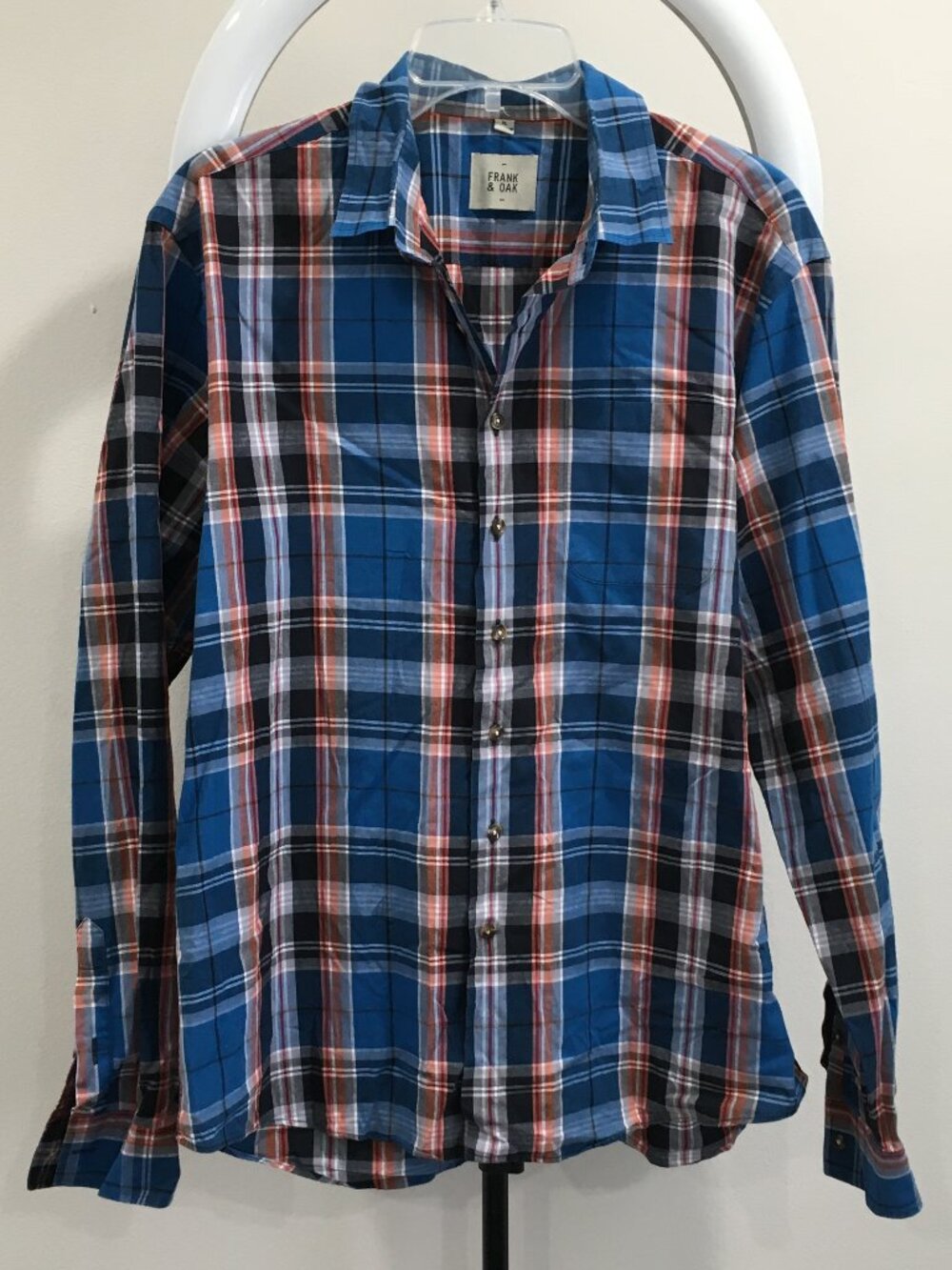 FRANK & OAK Blue Peach White Black Gray Plaid Long Sleeve Button Shirt